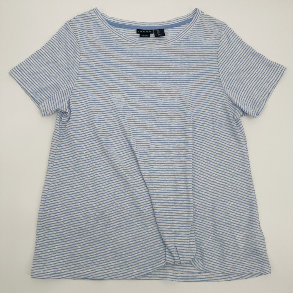 Tahari Blue White 100% Linen Striped Knot Twist Front Tee Size Medium - Picture 8 of 10